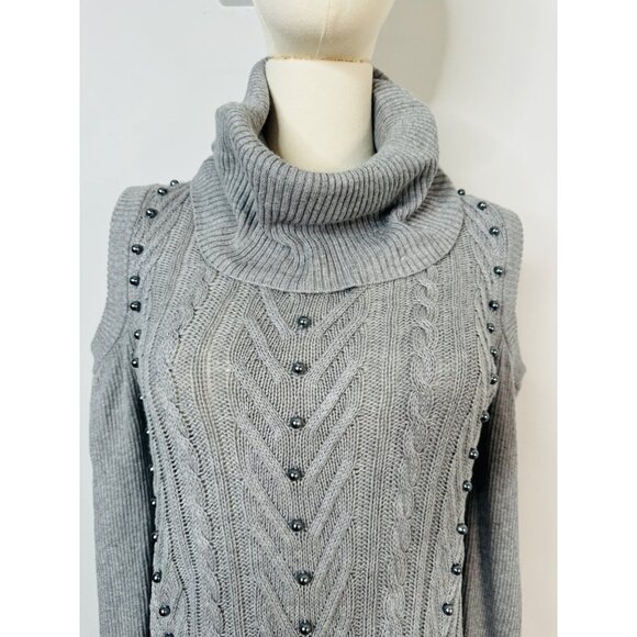 NWOT Bellini Gray L Cold Shoulder Knit Tunic Sweater Dress Turtleneck - Picture 10 of 14